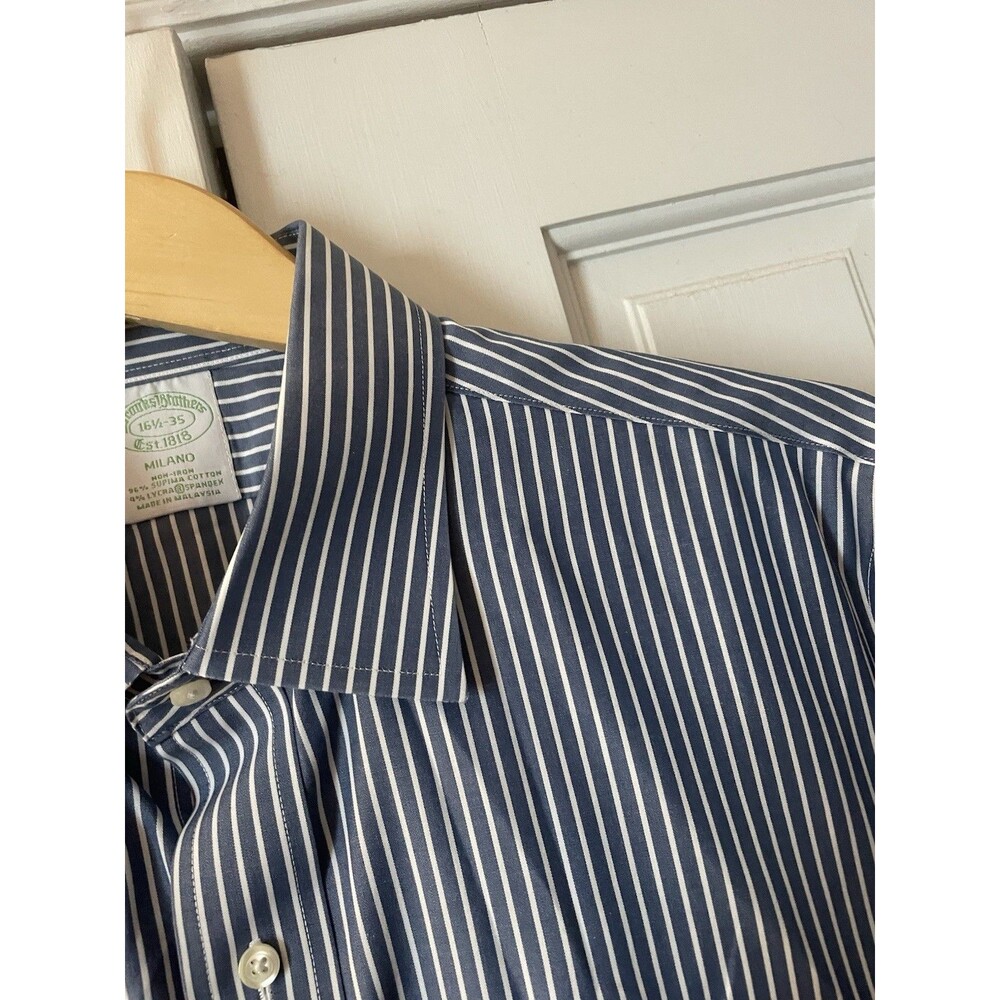 Brooks Brothers Milano Fit Shirt Mens 16.5 35 Blue White Stripe Supima Stretch - Picture 4 of 6
